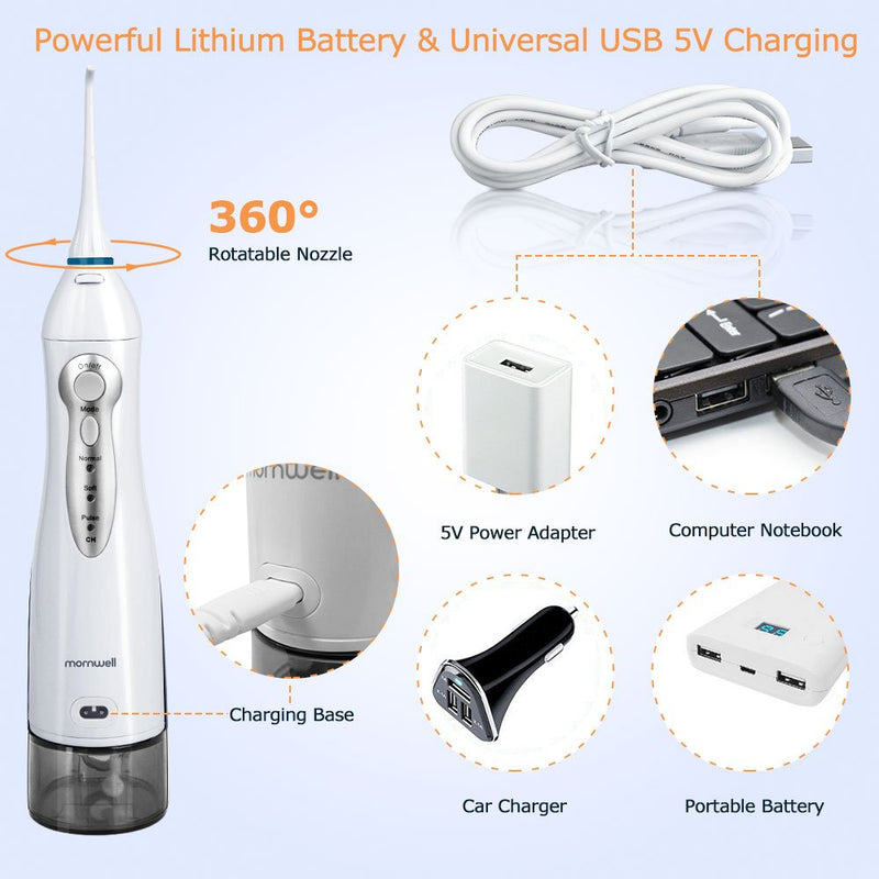 Mornwell Water Flosser Portable Dental Oral Irrigator with 300ML Water Tank, Teeth Cleaner with 3 Modes, USB Rechargeable, 4 Jet Tips for Travel & Home Use - BeesActive Australia