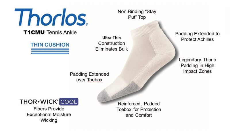 [AUSTRALIA] - thorlos mens T1cmu Thin Cushion Ankle Socks Large White 