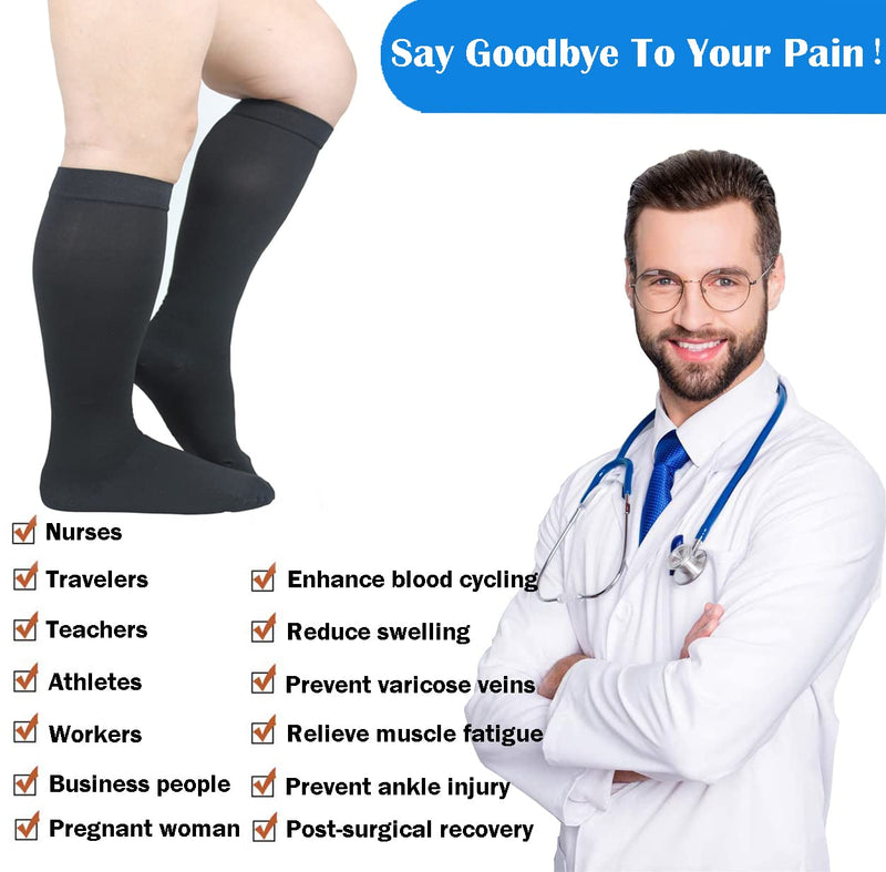 Compression Socks for Men and Women 20-30 mmHg Nursing Athletic Travel Flight Socks Shin Splints Knee High - Black L - BeesActive Australia