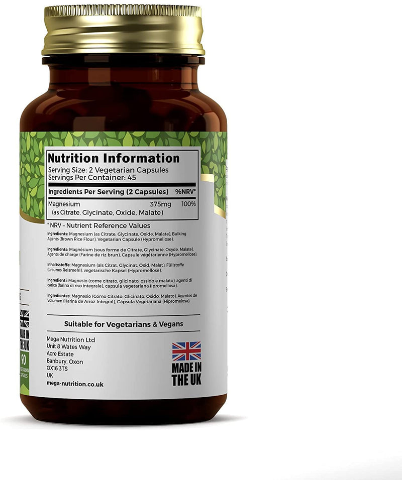 Ezyleaf Magnesium Complex | 375mg Pure Elemental Magnesium Per Serving | Magnesium Glycinate, Magnesium Malate & Magnesium Citrate | 90 Vegan Capsules | ISO Certified, Allergen & Gluten Free | UK Made - BeesActive Australia