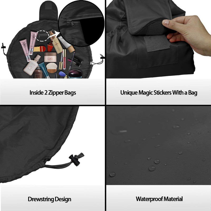 ZhengYue Lazy Drawstring Make up Bag Portable Large Travel Cosmetic Bag Pouch Travel Makeup Pouch Storage Organiser for Women Girl Black - BeesActive Australia