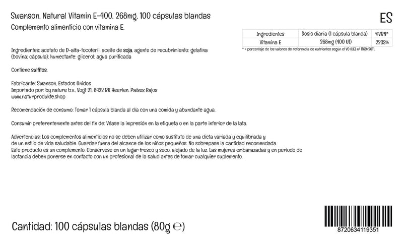 Swanson, Natural E-400, High Dose Vitamin E, 400 IU, 100 Softgels, Lab-Tested, Gluten Free, Non-GMO - BeesActive Australia