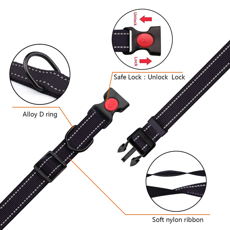 Reflective Dog Collar and Leash Set with Safety Locking Buckle Nylon Pet Collars Adjustable for Small Medium Large Dogs 4 Sizes Black - BeesActive Australia