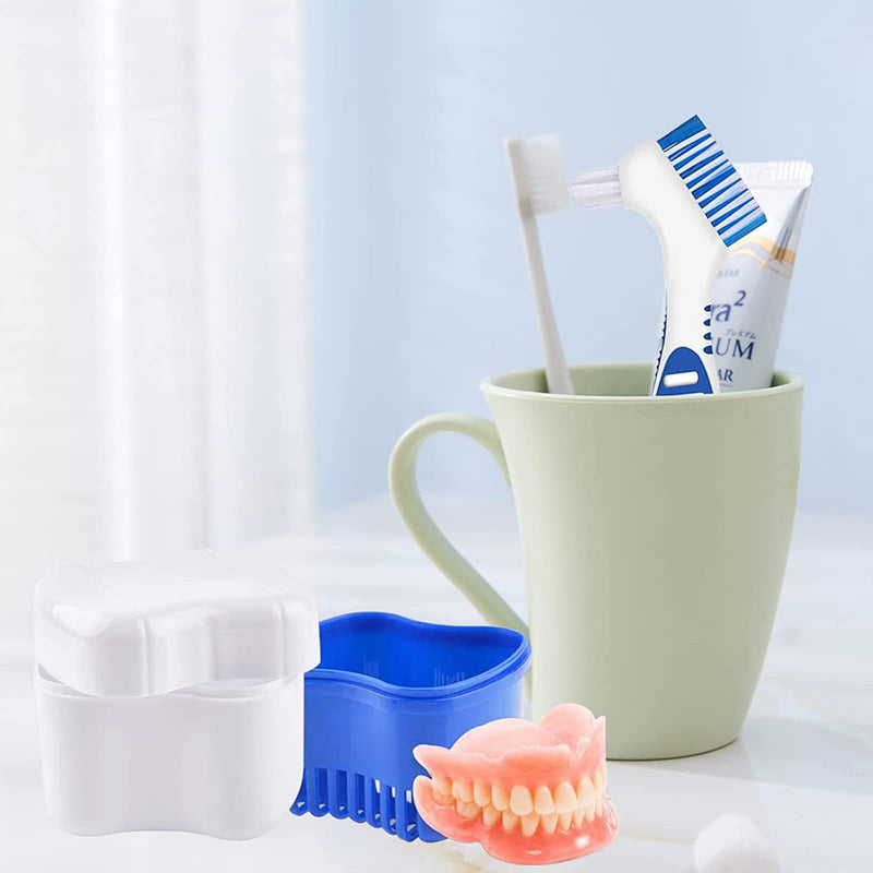 Denture Case Set, LONTOM 2 Denture Bath Cups 2 Denture Cleaner Brushes 2 Portable Toothbrush Box, Strainer Basket Retainers Denture Care Bath Box for Dentures, Braces, Mouth Guard Traveling (Random) - BeesActive Australia