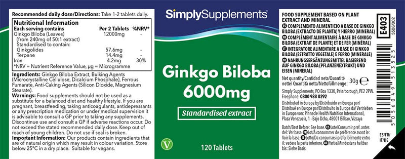 Ginkgo Biloba 6000mg | 120 Tablets | Vegan & Vegetarian Friendly | Manufactured in The UK - BeesActive Australia