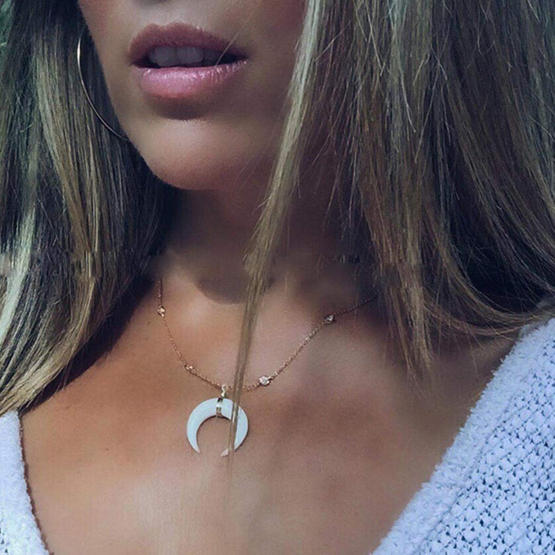 Ronglia Boho Moon Necklace Gold Crystal Pendant Necklaces Crescent Choker Chain Jewelry Adjustable for Women and Girls - BeesActive Australia