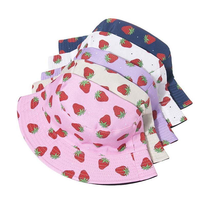 KEKY Adult Strawberry Bucket Hat Pink Print Travel Beach Fisherman Cap Reversible Wide Brim Hats Women Men Teens Beige Strawberry - BeesActive Australia