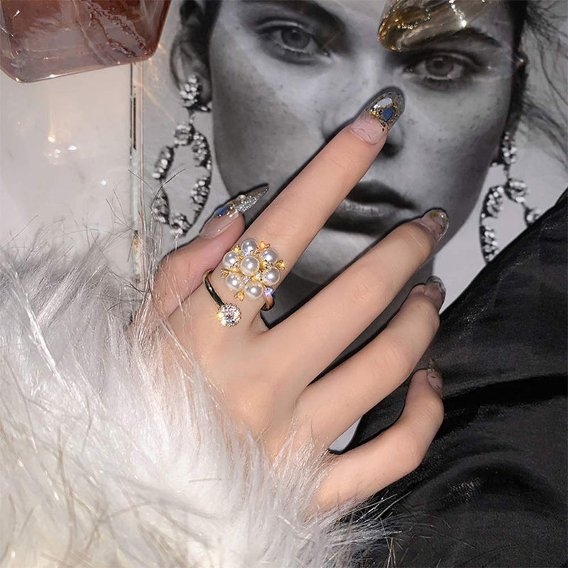 Aimimier Bridal Pearl Flower Index Finger Ring Vintage Adjustable Crystal Knuckle Ring Wedding Jewelry for Women and Girls - BeesActive Australia