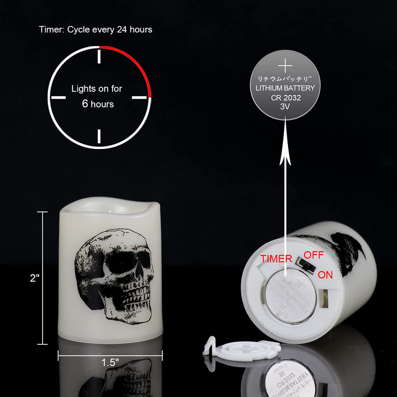 Wondise Halloween Flameless Tea Light Candles with Timer, 6 pcs Battery Operated LED Flickering Votive Candle with Skull Spider Crow Print for Halloween Decoration - BeesActive Australia