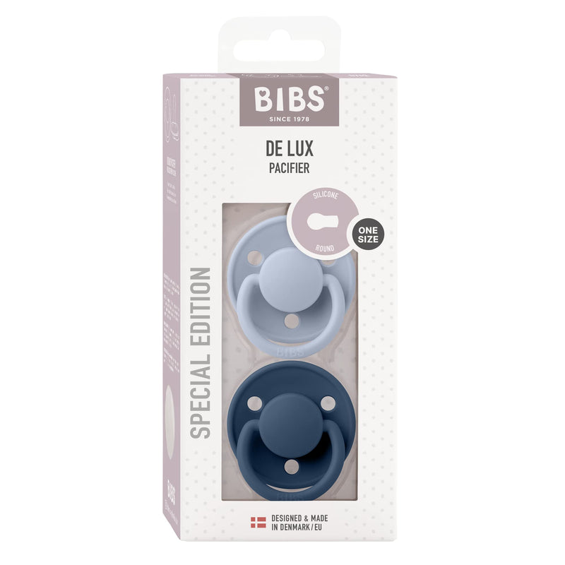 BIBS Pacifiers OneSize | 2-Pack Soothers | BPA-Free Symmetrical Nipple | Made in Denmark | Dusty Blue/Steel Blue De Lux Pacifier - BeesActive Australia