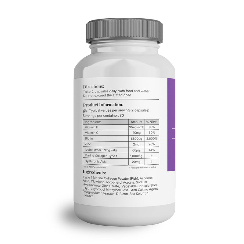 Hey Nutrition Collagen Complex Hyaluronic Acid & Sea Kelp Vitamin E, C, Biotin - Healthy Nails, Skin, Hair Joints Metabolism - Type 1 Marine Supplement - Non GMO, 60 Capsules 60 Count (Pack of 1) - BeesActive Australia
