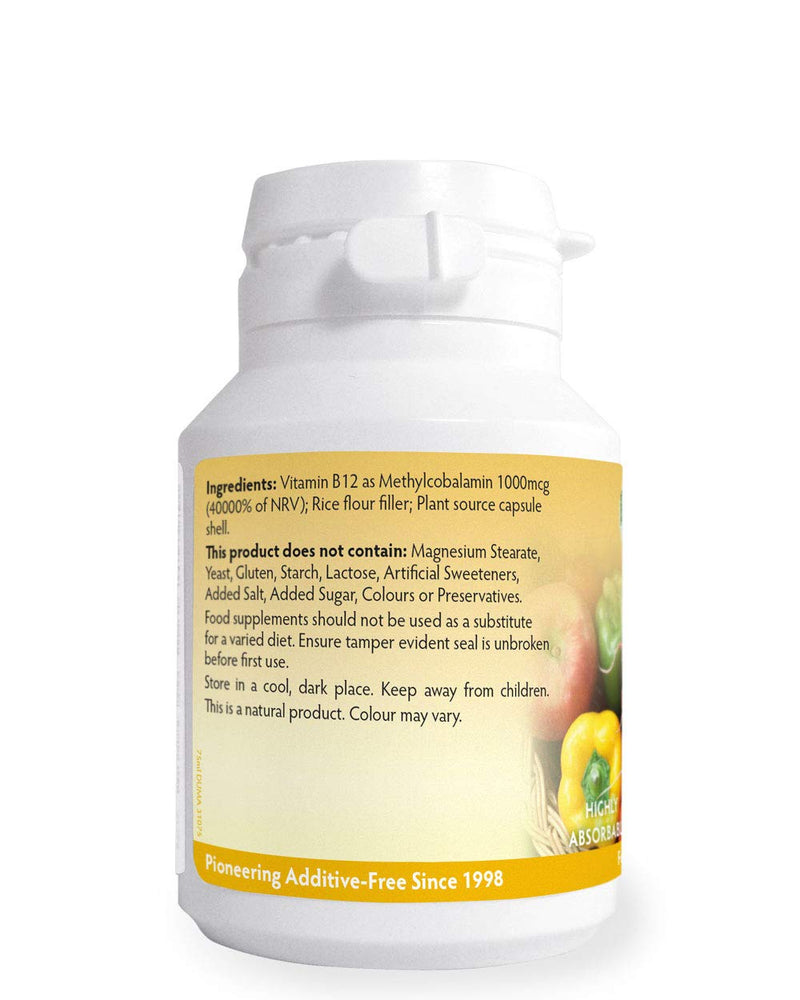 Vitamin B12 Methylcobalamin 1000mcg 90 Capsules, Magnesium Stearate Free & No Nasties, B12 contributes to The Reduction of Tiredness and Fatigue, Normal Function of The Immune System, Made in Wales 1 count (Pack of 90) - BeesActive Australia
