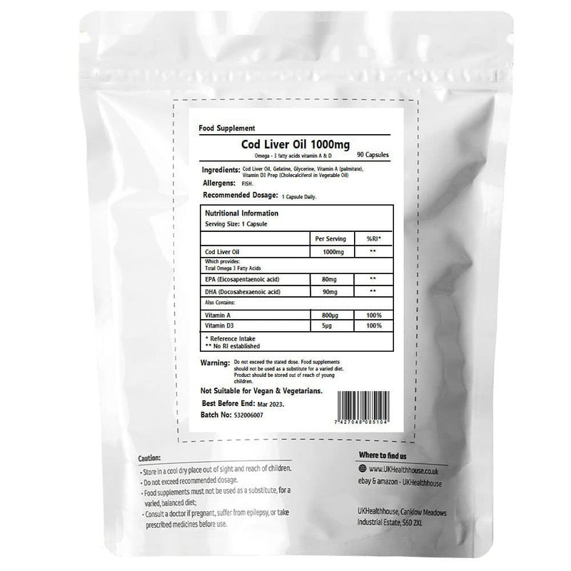 Cod Liver Oil Capsules - 1000mg x 90 - High Strength - Omega 3 Fatty Acids Vitamin A & D - EPA (Eicosapentaenoic Acid) & DHA (Docosahexaenoic Acid) - BeesActive Australia