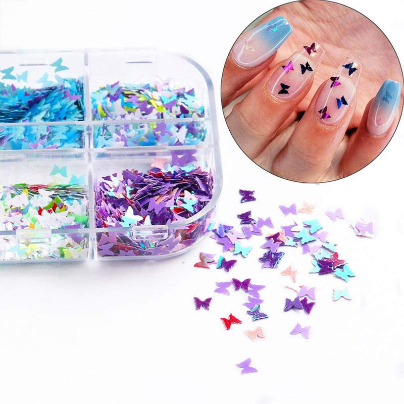 Butterfly Holographic Nail Art Sequins Glitter Kits Butterfly Nail Art Decals Supplies Nail Sparkle Glitter for Nail Art Decoration 12 Grids/Box(Set) - BeesActive Australia