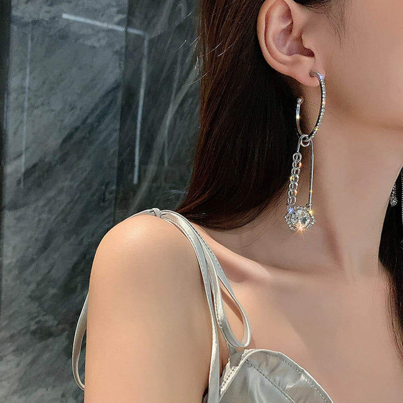 Xerling Tassel Earrings Rhinestone Safety Pin Earrings for Women Crystal Asymmetric Drop Dangle Earrings Mismatch Jewelry for Girls - BeesActive Australia