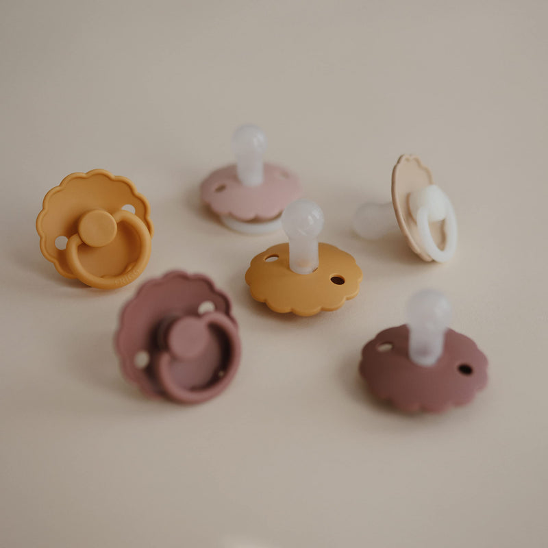 FRIGG Daisy SilkySoft Silicone Baby Pacifier | Made in Denmark | BPA-Free (Rose Gold/Honey Gold, 6-18 Months) Honey Gold/Rose Gold - BeesActive Australia