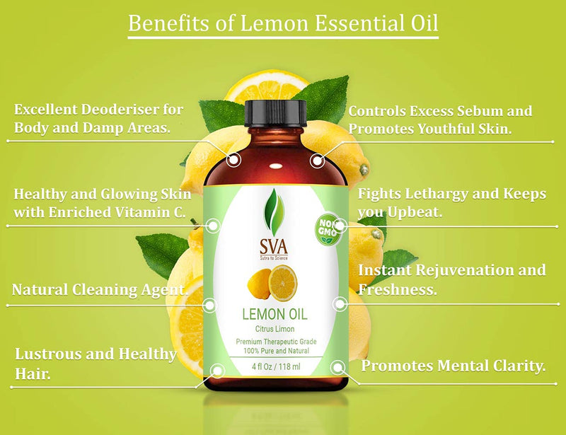 SVA 100% Pure Cold Pressed Lemon Essential Oil 4 OZ (118 ML) Virgin/Unrefined For Aromatherapy, Diffuser, Skincare, Haircare - BeesActive Australia