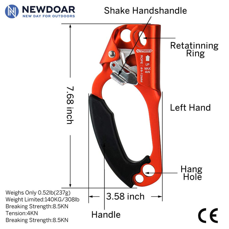 NewDoar Hand Ascender Rock Climbing Tree Arborist Rappelling Gear Equipment Rope Clamp for 8~12MM Rope Left Hand Orange - BeesActive Australia