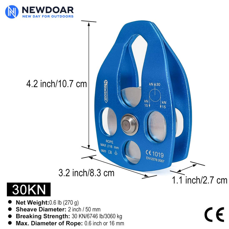 NewDoar 30 KN CE Certified Large Rescue Pulley Single/Double Sheave with Swing Plate Single Pulley - Blue 1pcs - BeesActive Australia
