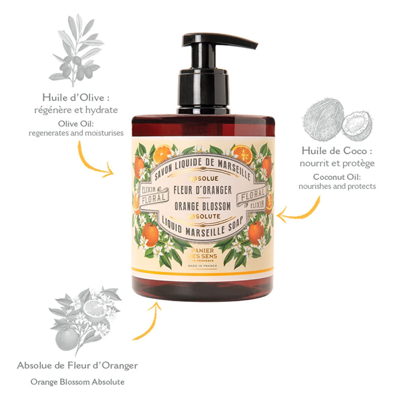 Panier des Sens - Marseille Liquid Hand Soap - Orange Blossom Hand Wash - Moisturizing Soap with Coconut Oil - Bathroom & Kitchen Refillable Soap - 96% Natural Ingredients Made in France - 16.9 Fl.oz - BeesActive Australia