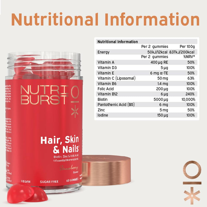 Nutriburst - Hair Skin and Nails Gummies - Biotin Zinc Vitamin E for Thicker Hair & Stronger Nails - Sugar Free Supplements - 60 Gummies 1 Month Supply - Plant Based Suitable for Vegetarians & Vegans Hair, Skin & Nails Advanced Nutrition - BeesActive Australia
