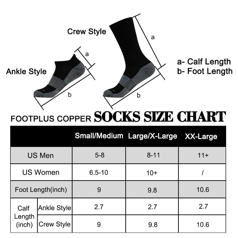 [AUSTRALIA] - Copper Socks, FOOTPLUS Unisex Cushioned Sole Arch Support Athletic Ankle/ Crew Performance Running Hiking Socks 01# 6 Pairs- Black Crew Large-X-Large 