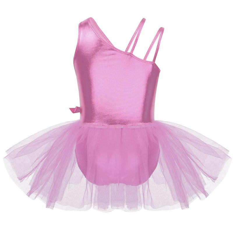 [AUSTRALIA] - dPois Kids Girls' Shiny Metallic One Shoulder Ballet Dance Leotard Tutu Dress Stage Performance Dancing Costumes Pink 10 