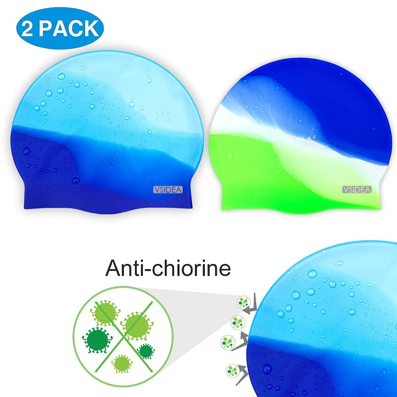 Vsidea Silicone Swim Caps, 2 Pack Durable Comfortable Adult Swimming Cap Elastomeric for Women Man Short Hair Long Hair Green+Blue - BeesActive Australia