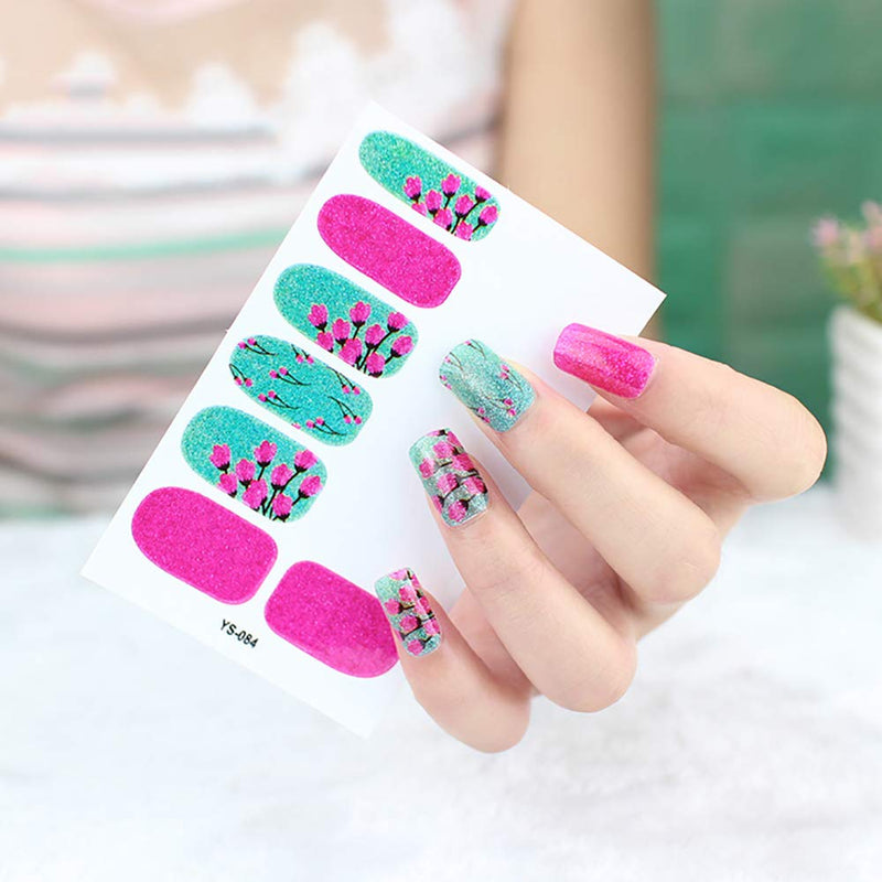 WOKOTO 6 Sheets Full Wraps Nail Polish Stickers With 1Pcs Nail File Self-Adhesive Nails Decals Strips Flower Manicure Kit For Women - BeesActive Australia