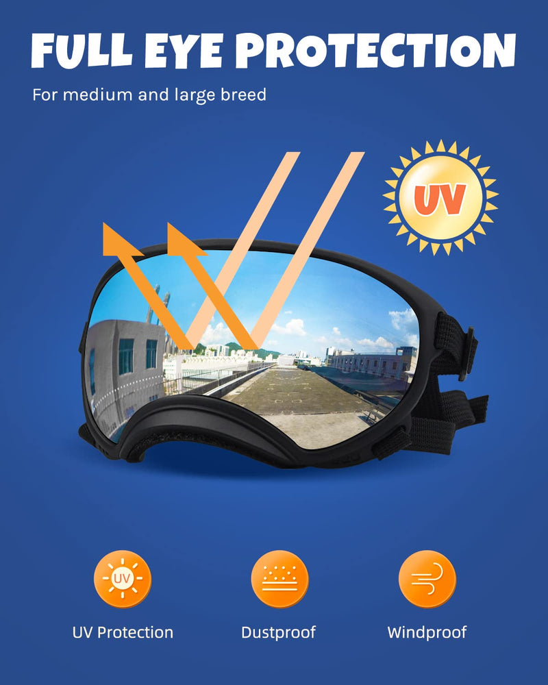 Dog Goggles Large and Medium Breed, UV Protection Windproof and Dustproof. Shatterproof Lens, Breathable Design, Dog Sunglasses Black - BeesActive Australia
