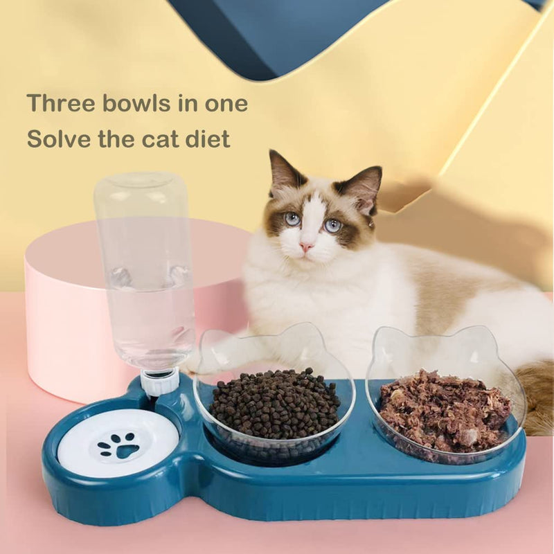Triple Dog Cat Bowls,15°Tilt 3- in- 1 Water Feeder Bowls Cat Double Food Bowls with Automatic Water Bottle Bowl,Removable Cat Wet and Dry Food Bowl Set for Small Cat and Puppy Pink - BeesActive Australia