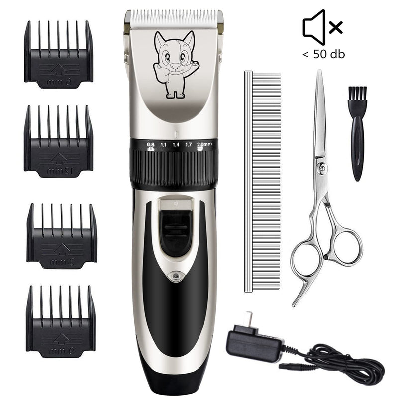 Dog Grooming Kit Clippers, Low Noise, Electric Quiet, Rechargeable, Cordless, Pet Hair Thick Coats Clippers Trimmers Set, Suitable for Dogs, Cats, and Other Pets Silver - BeesActive Australia