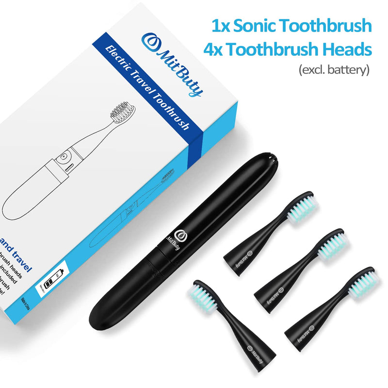 MitButy Travel Electric Toothbrush with 4 Brush Heads, Battery Operated Waterproof Portable Sonic Electric Toothbrush Set - with Snap-on Travel Case Ideal for Travelling/Business/Holiday/Gym/Office Toothbrush (Black) - BeesActive Australia