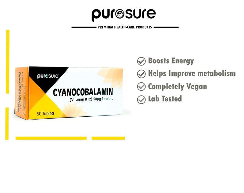 PuroSure Vitamin B12-50 Tablets (7 Weeks Supply) � Cyanocobalamin B12 50mcg Supplement - Contributes to The Reduction of Tiredness and Fatigue - BeesActive Australia