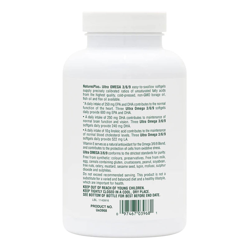 NaturesPlus Ultra Omega 3 6 9-1200 mg Omega Blend from Borage Oil, Fish Oil, Flax Oil - Gluten Free, Non-GMO - 90 Softgels - BeesActive Australia