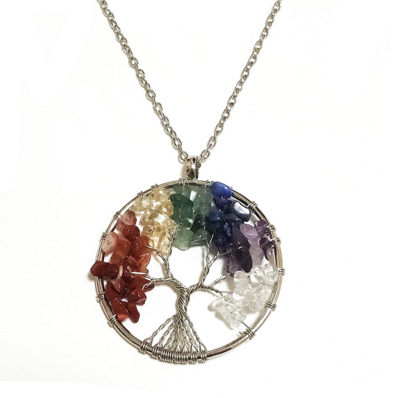 Tree of life Pendant Necklace Crystal Quartz Healing Stone 7 Chakra Chain Gemstone Wire Wrapped Tree Jewelry for Women Girls Men (Circle) Circle - BeesActive Australia