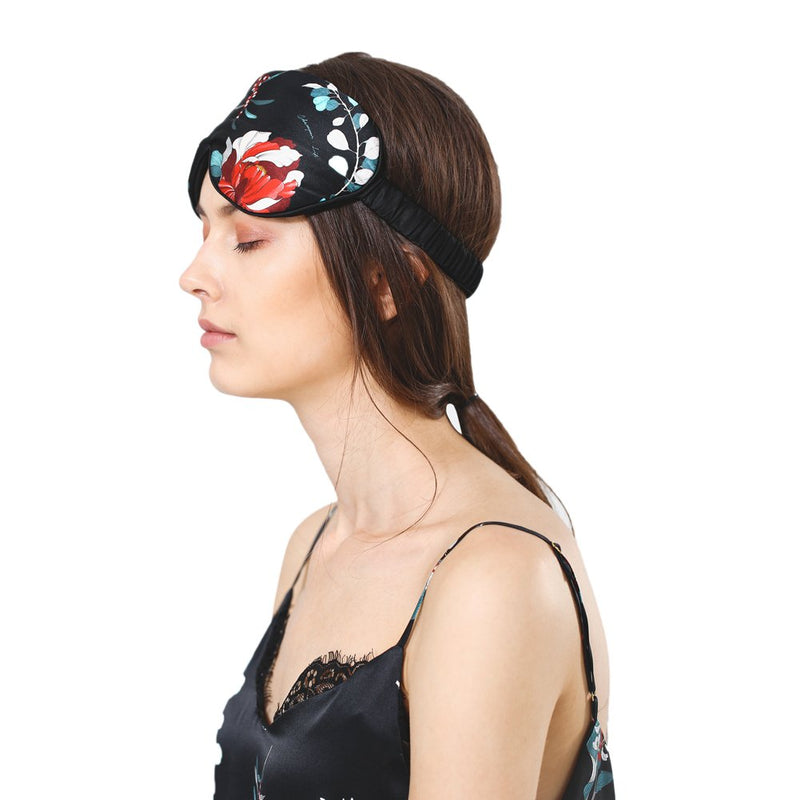 CHAMO POMEO 100 Silk Sleep Mask & Blindfold, Smooth Women Floral Eye Mask 4.7x9.8 Inches (black) black - BeesActive Australia