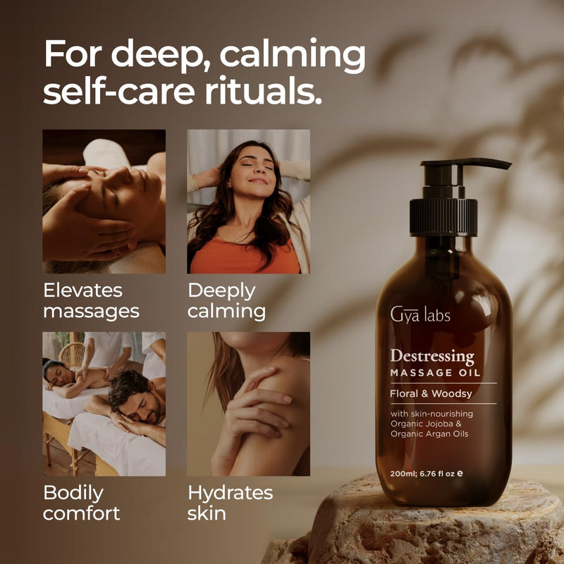 Gya Labs Destressing Massage Oil - Oils for Massage & Skin - Crafted with Lavender, Rose Otto, Rosewood, Myrrh, Jojoba & Argan Oils - (200 ml) - BeesActive Australia