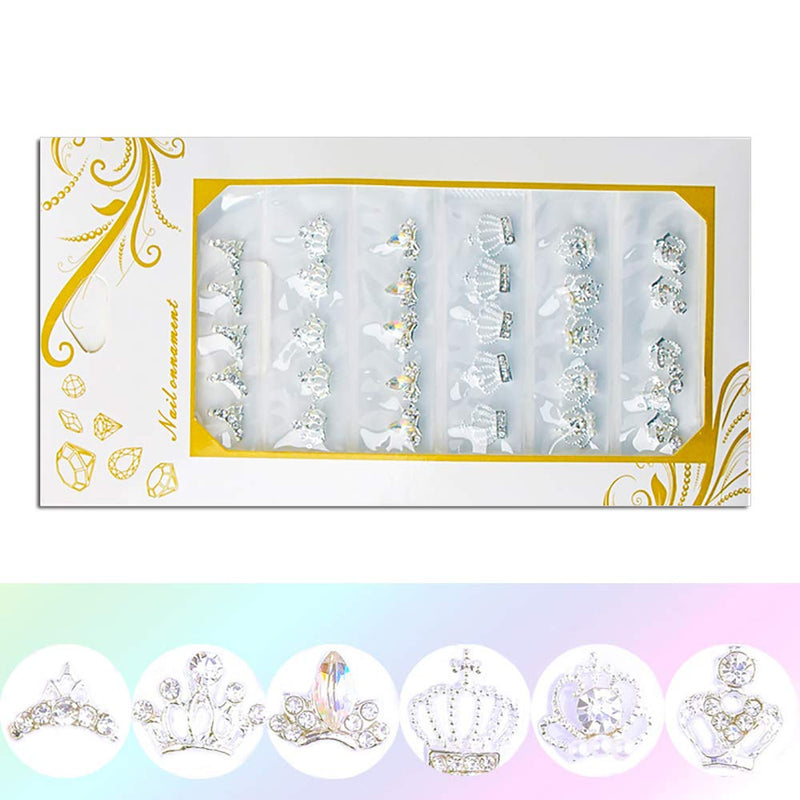 WOKOTO 30 Pcs 3D Alloy Nail Art Decoration Set Silver Crown Nail Studs Rhinestones Clear Crystals Manicure Jewelry With 1Pc Tweezers KIT1 - BeesActive Australia