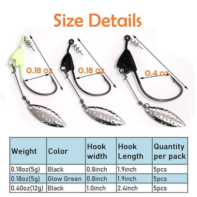 5pcs/Pack Underspin Swimbait Weighted Hook with Spinner Blade Twist Lock Weighted Fishing Hook Black 0.18oz (5g) - BeesActive Australia