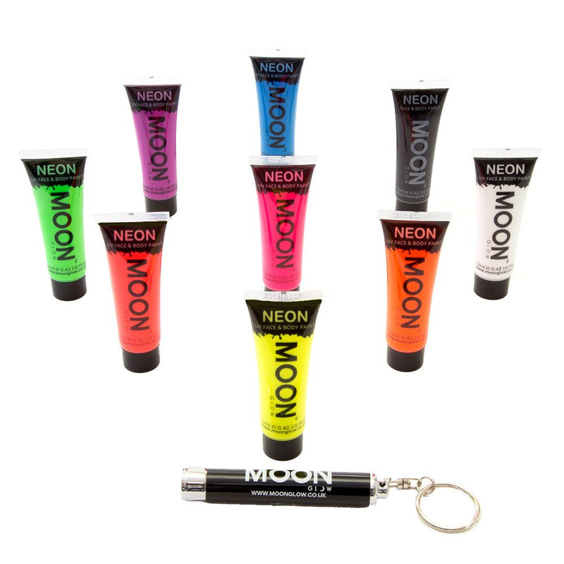 Moon Glow - Intense Neon UV Face & Body Paint - 12ml Set of 9 - includes UV Keyring - BeesActive Australia