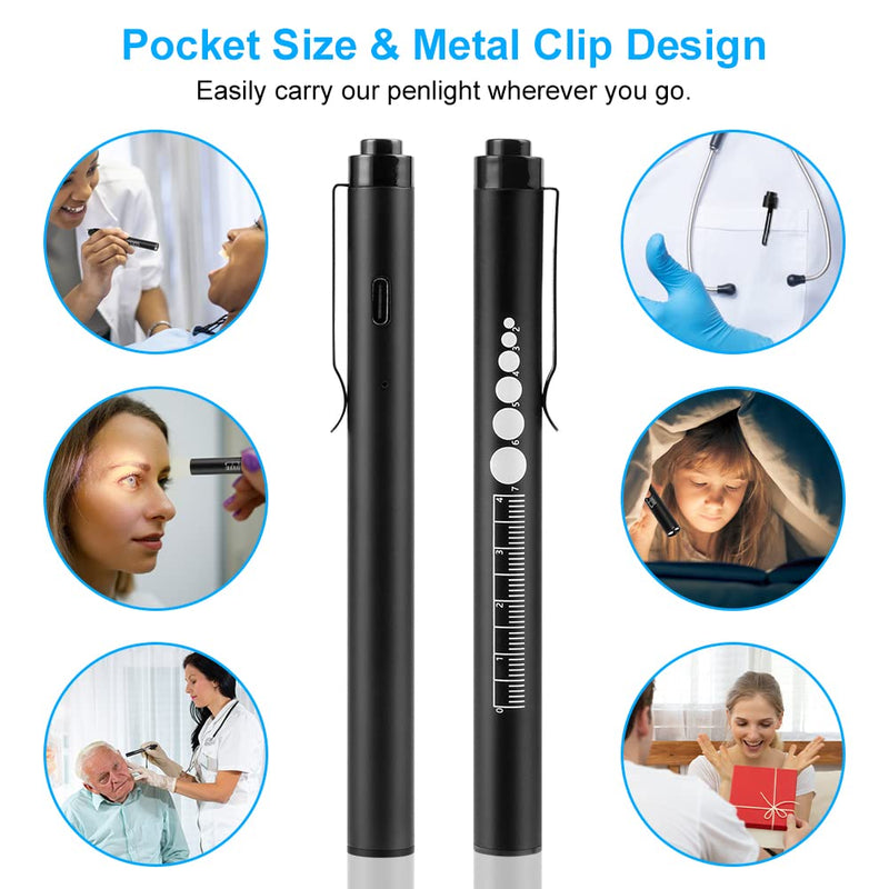 Flintronic Diagnostic Medical Penlight, Rechargeable LED Pen Torch with Pupil Gauge and Clip, First Aid Pupil Gauge Doctors Nurses Medical Pen Light Medical Equipment (With Type-C Charging Cable) 1PC Black - BeesActive Australia