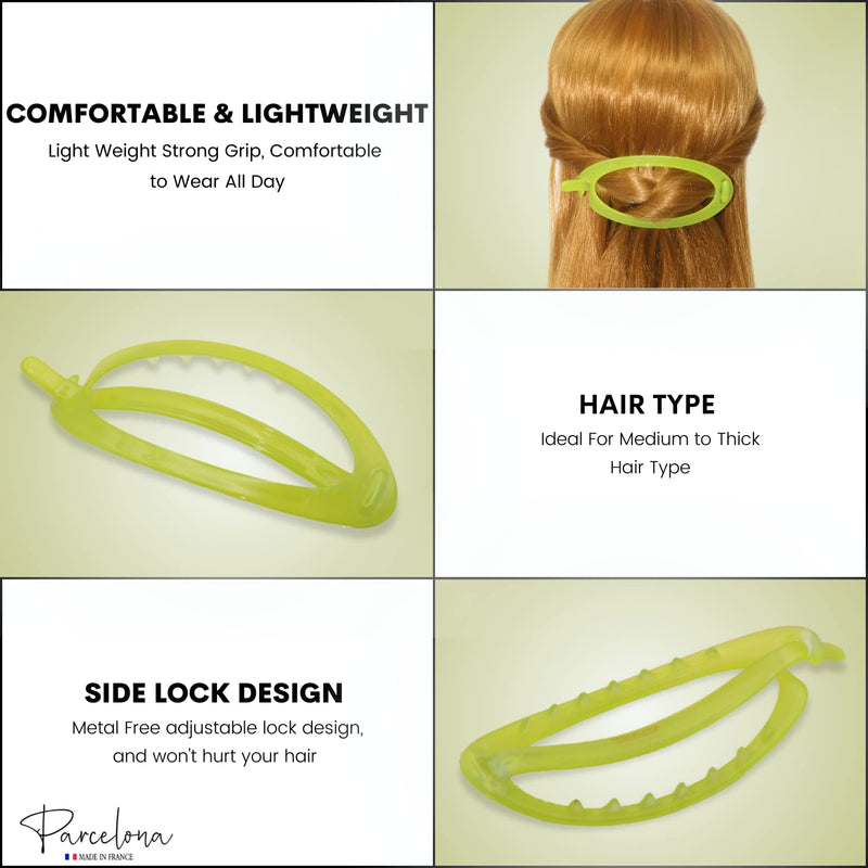 Parcelona French Oval Simple 4 1/4" Large Cellulose Acetate Metal Free Hair Barrette Clips Ponytail Non Slip Fashion Durable Styling Women Hair Accessories Hair Clip for Girls, Made in France(Neon Lemon Green) Neon Lemon Green - BeesActive Australia