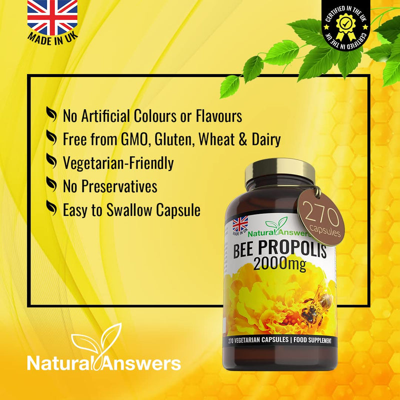 Natural Answers Pure Bee Propolis 2000mg � 270 Capsules 135 Servings - 100% Suitable for Vegetarians Bees Propoli - BeesActive Australia