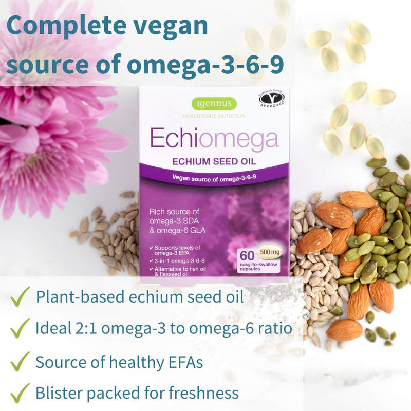 Echiomega Vegan Omega 3-6-9, Plant Based Echium Seed Oil, Ideal 2:1 ratio Omega-3 to Omega-6 GLA, Women’s Health, 60 Small Softgels, by Igennus - BeesActive Australia