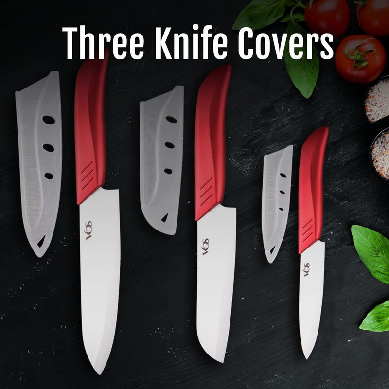 Vos Ceramic Knife Set, Ceramic Knives Set For Kitchen, Ceramic Kitchen Knives With Covers, Ceramic Paring Knife 4", 5", 6" Inch Red 3 Pcs - BeesActive Australia