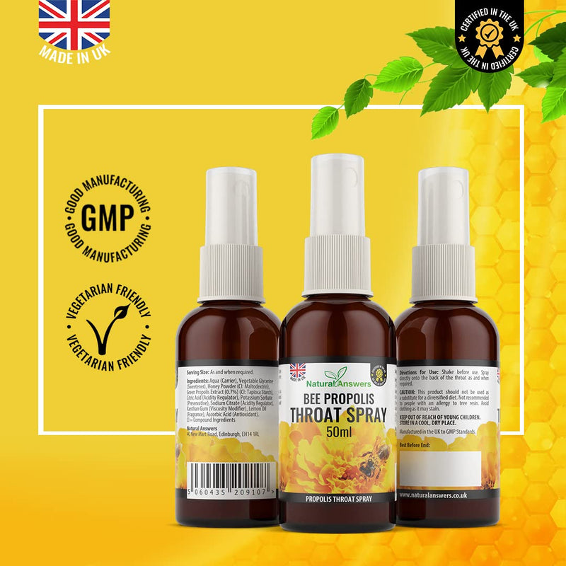 Propolis Throat Spray 50ML, Immune Support & Sore Throat Relief, Natural Answers Bee Propolis Spray with Honey (1 Pack) 50 ml (Pack of 1) - BeesActive Australia