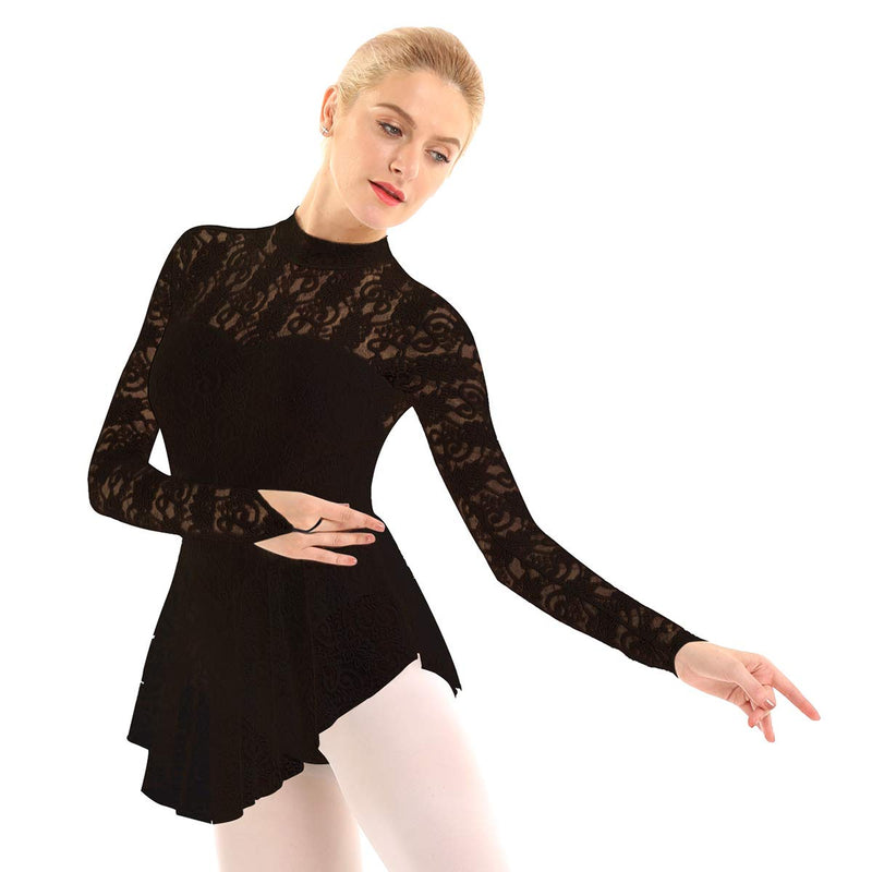 [AUSTRALIA] - YOOJIA Women's Adult Figure Ice Skating Dress Long Sleeves Lace Gymnastics Ballet Dance Leotard Dress Black Medium 