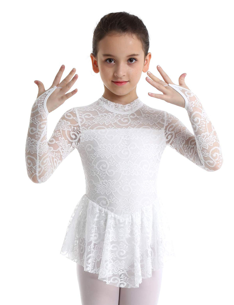 [AUSTRALIA] - iEFiEL Kids Girls Long Sleeves Ballet Dress Leotard Tutu Skirt Ballerina Camisole Dance Wear Costumes White Mock Neck Floral Lace 9 / 10 