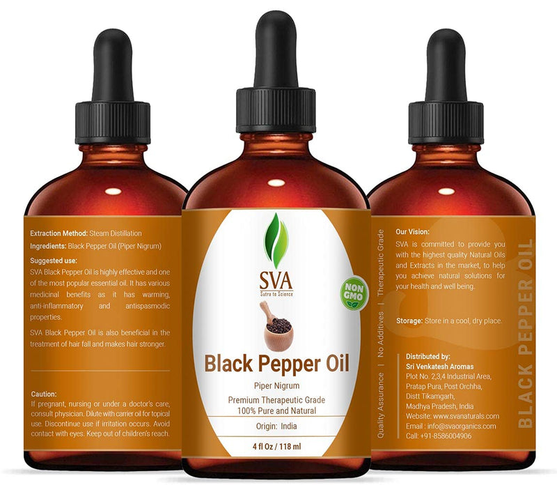 SVA Black Pepper Essential Oil118 ml (4 Oz) with Dropper 100% Pure Natural Undiluted Premium Therapeutic Grade Oil - BeesActive Australia